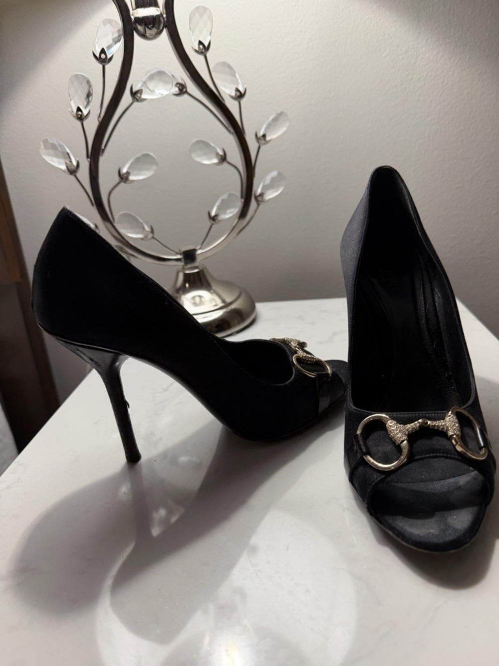 Gucci Black Open-Toe Stiletto Heels with Crystal-Embellished Horsebit - Picture 6 of 9